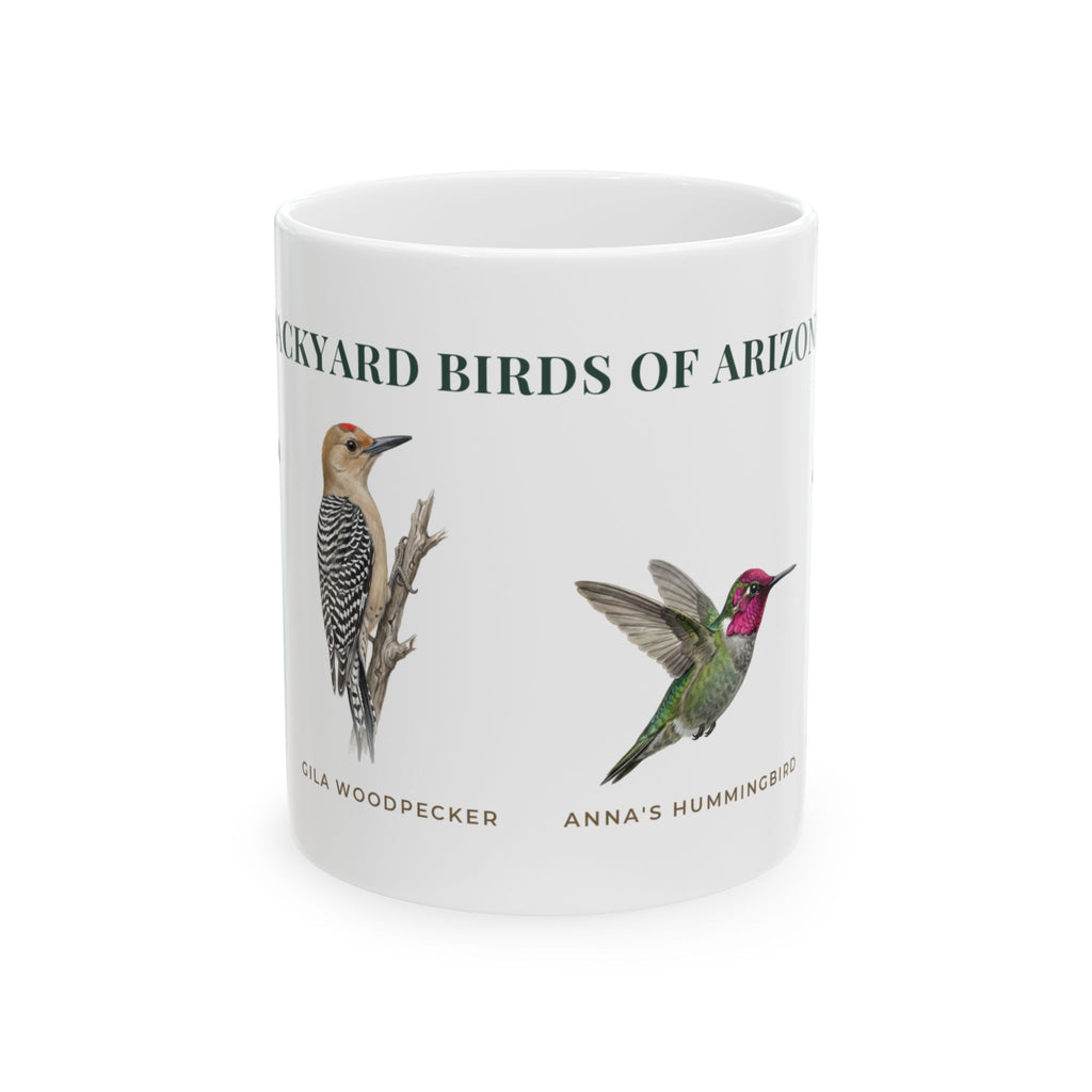 Backyard Birds of Arizona Mug — Labeled Gambel's Quail, Gila Woodpecker, Anna's Hummingbird & Lesser Goldfinch (11oz)