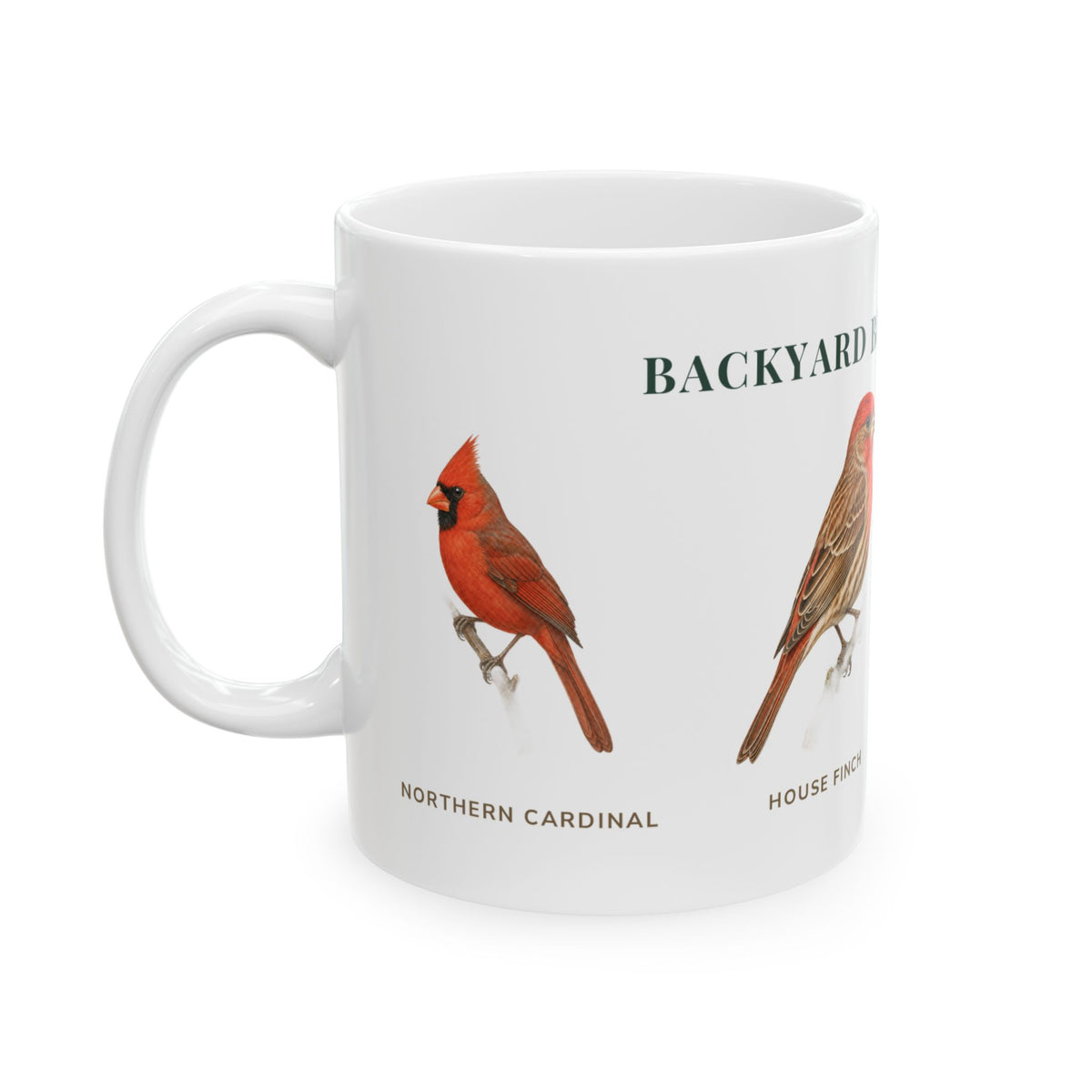 Backyard Birds of Kansas mug, left side with labeled bird illustrations