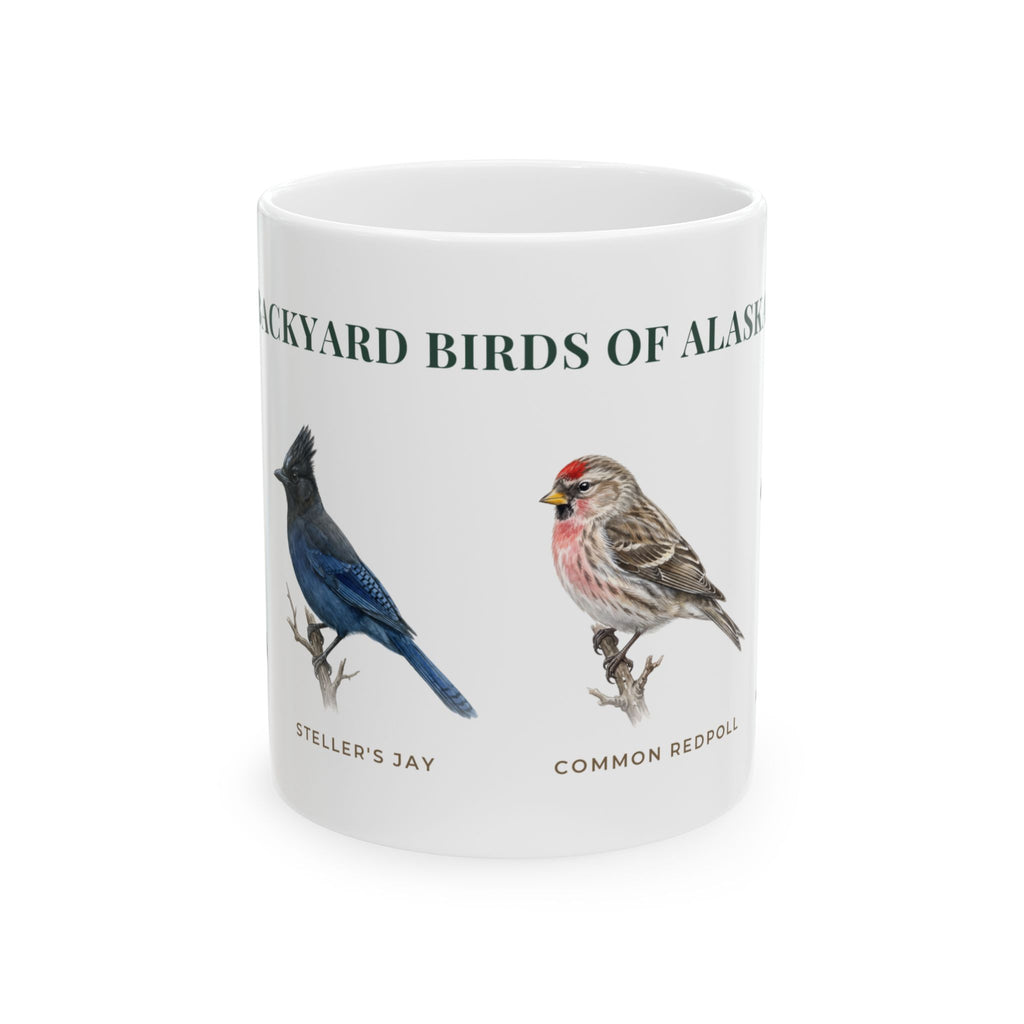 Backyard Birds of Alaska Mug — Labeled Chickadee, Steller's Jay, Common Redpoll & Red-breasted Nuthatch (11oz)