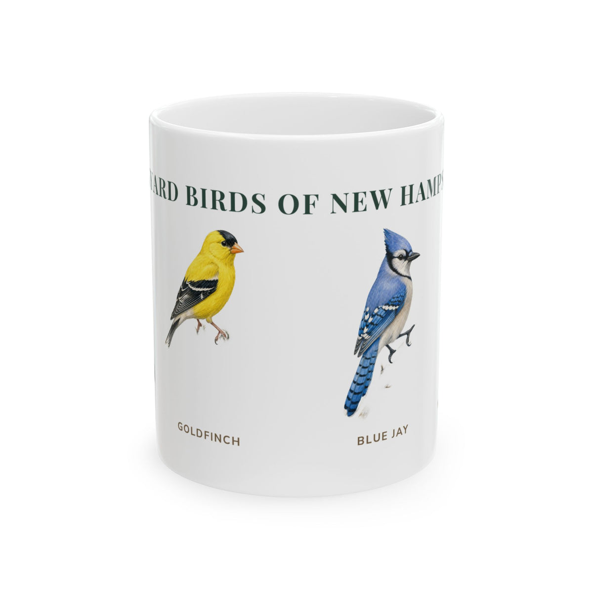 Backyard Birds of New Hampshire ceramic mug with labeled American Goldfinch and Blue Jay illustrations