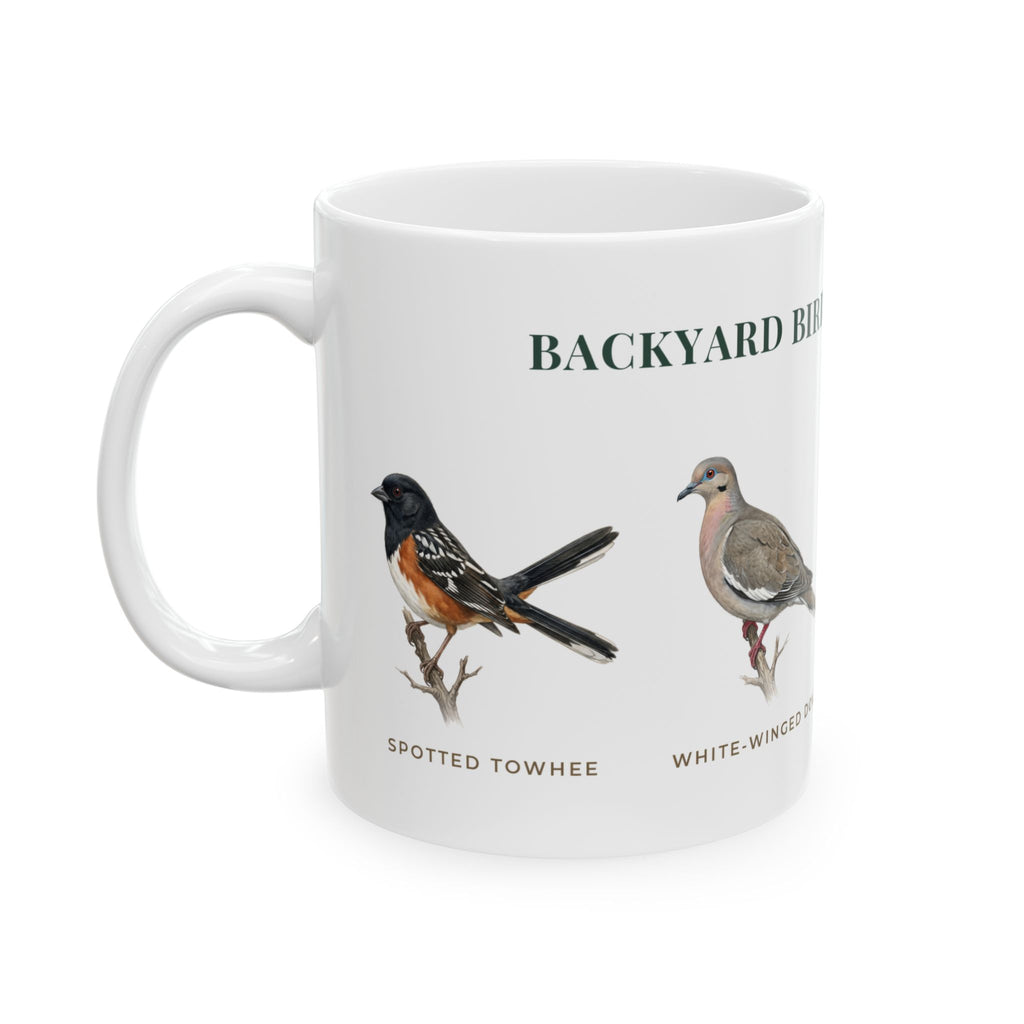 Backyard Birds of New Mexico Mug — Labeled Spotted Towhee, White-winged Dove, White-crowned Sparrow & Black-chinned Hummingbird (11oz)