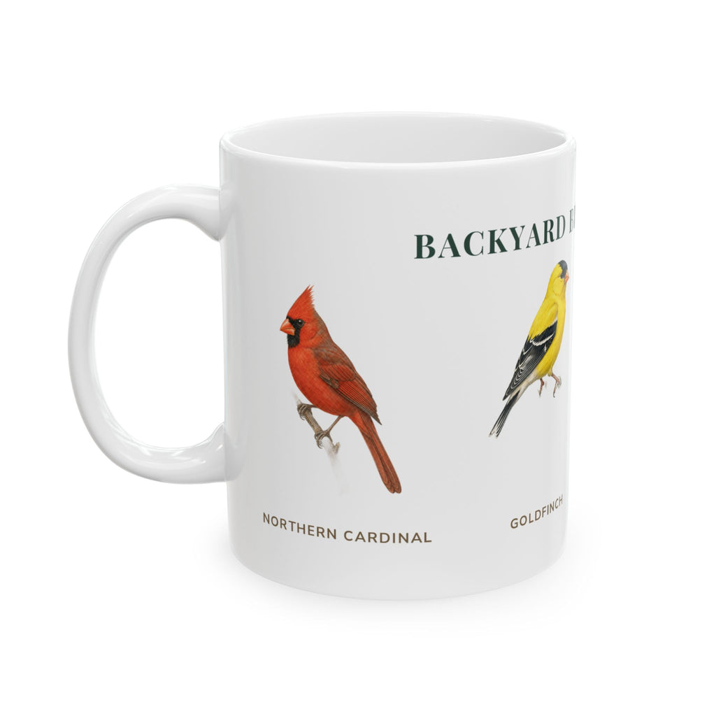 Backyard Birds of Indiana mug, alternate view — labeled Goldfinch, Chickadee, Cardinal and Bluebird illustrations