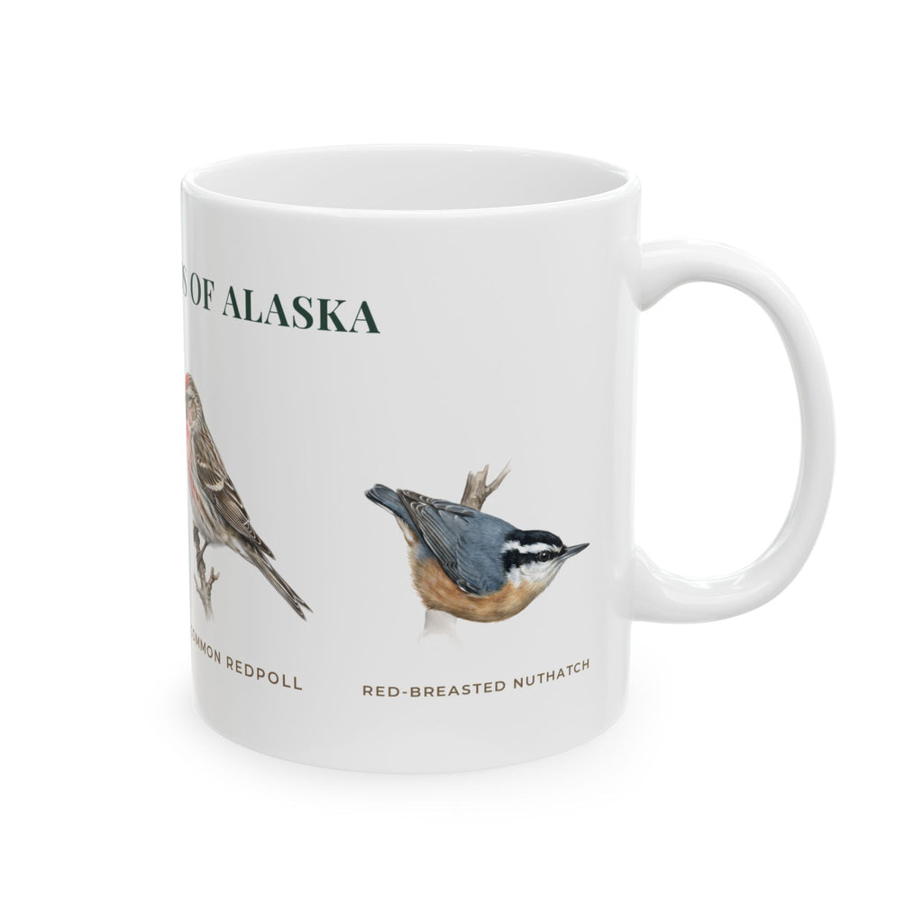 Backyard Birds of Alaska Mug — Labeled Chickadee, Steller's Jay, Common Redpoll & Red-breasted Nuthatch (11oz)