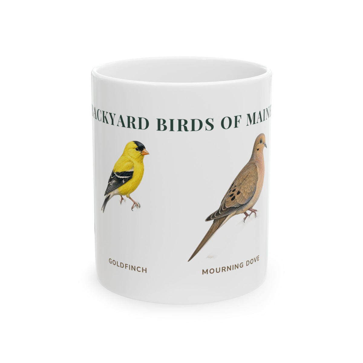 Backyard Birds of Maine ceramic mug with labeled American Goldfinch and Mourning Dove illustrations