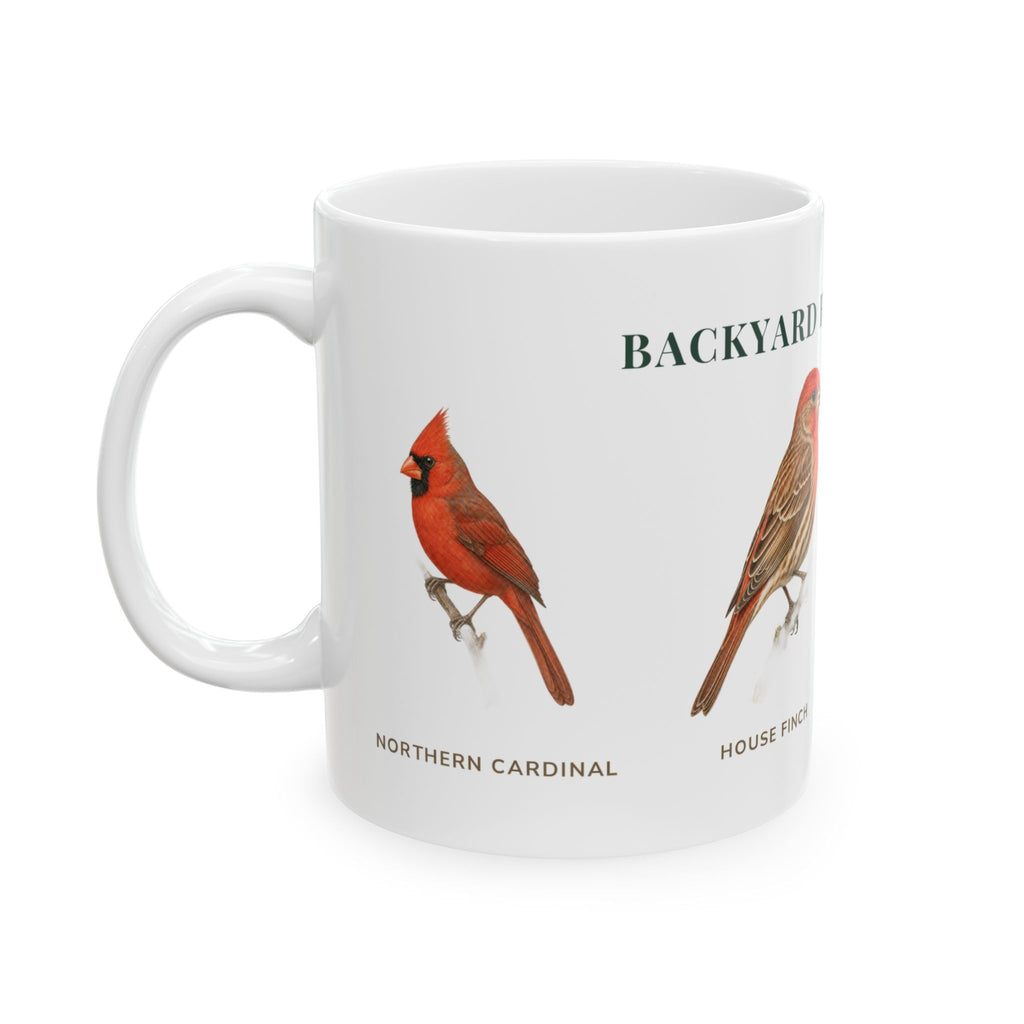 Backyard Birds of Texas mug, alternate view — labeled Cardinal, House Finch and Mourning Dove illustrations