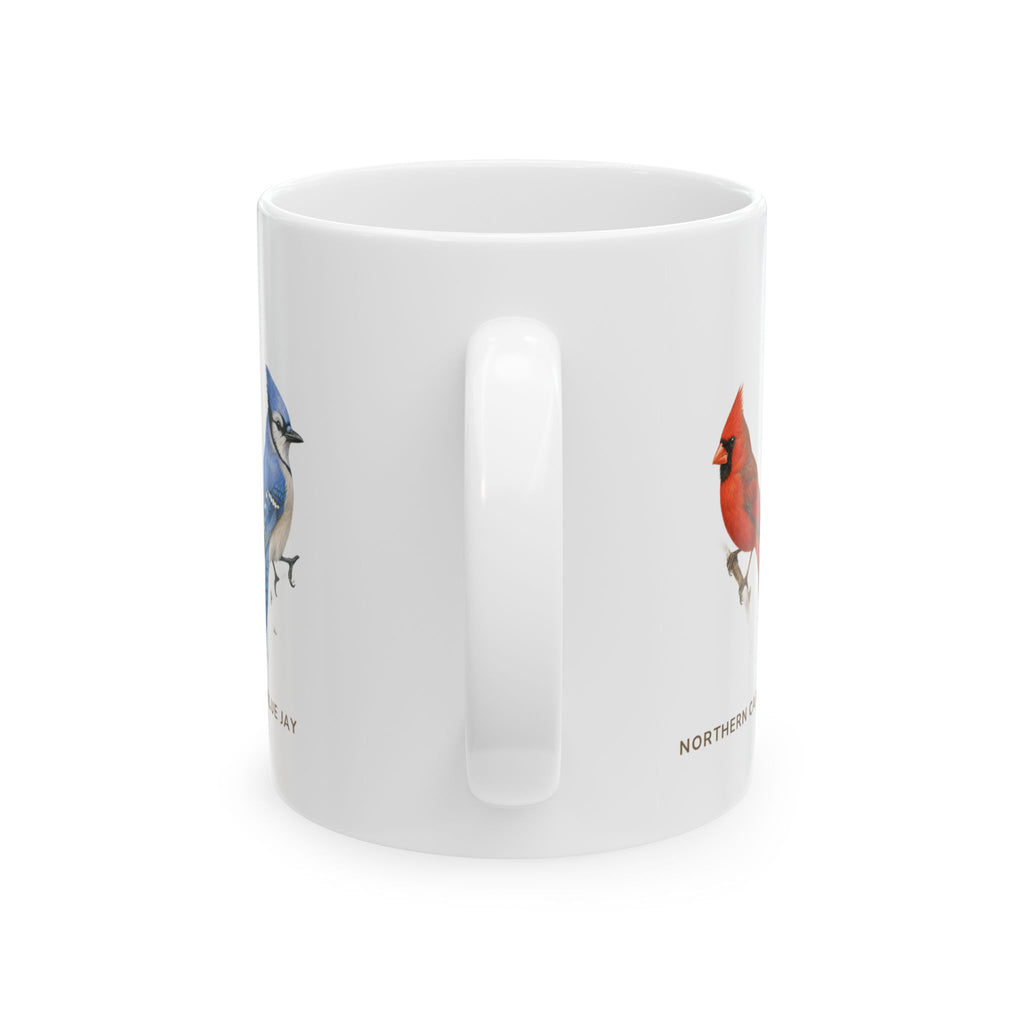 Backyard Birds of Indiana mug, alternate view — labeled Goldfinch, Chickadee, Cardinal and Bluebird illustrations