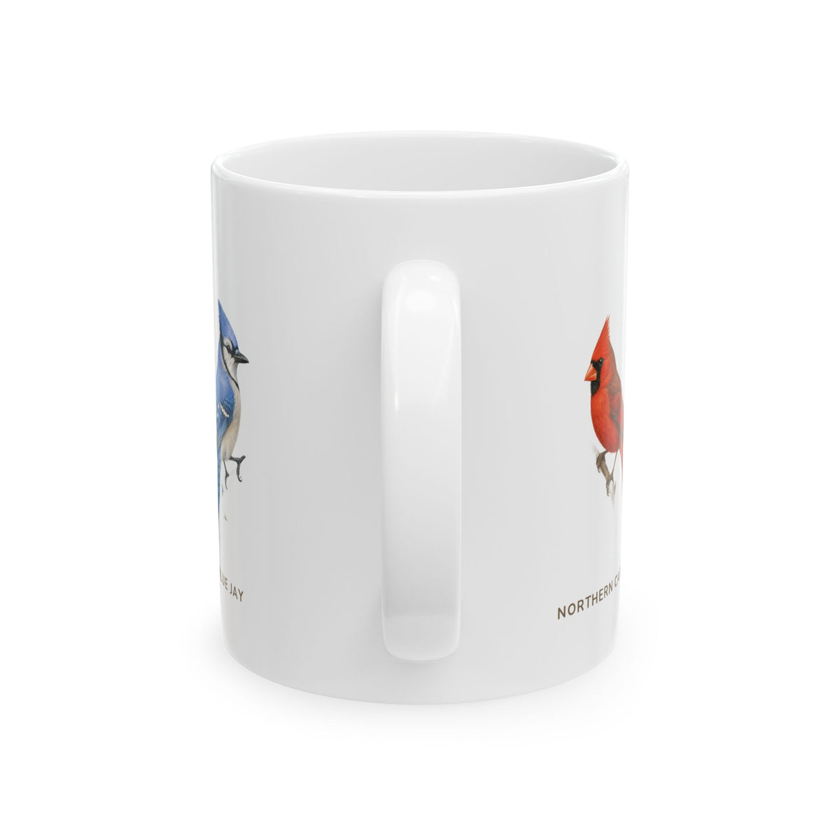 Backyard Birds of Indiana mug, alternate view — labeled Goldfinch, Chickadee, Cardinal and Bluebird illustrations