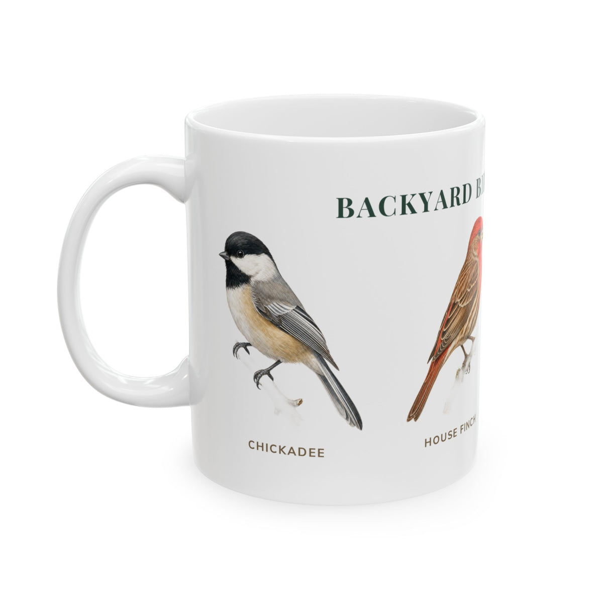 Backyard Birds of Wyoming mug, left side with labeled bird illustrations