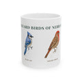 Backyard Birds of Nebraska ceramic mug with labeled Blue Jay and House Finch illustrations