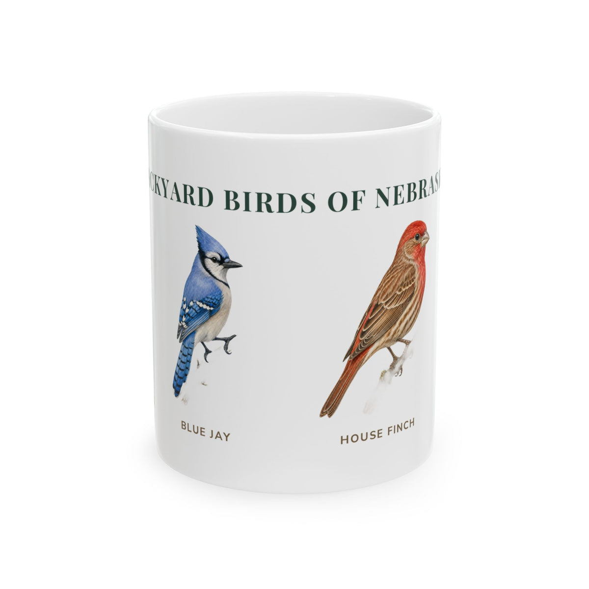 Backyard Birds of Nebraska ceramic mug with labeled Blue Jay and House Finch illustrations