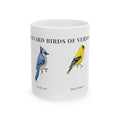 Backyard Birds of Vermont ceramic mug with labeled Blue Jay and American Goldfinch illustrations