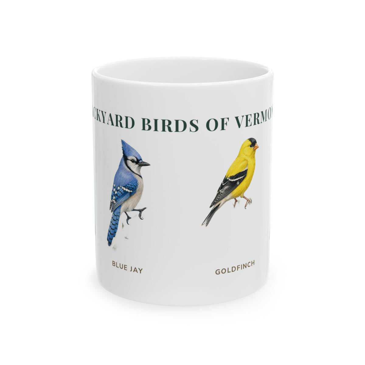 Backyard Birds of Vermont ceramic mug with labeled Blue Jay and American Goldfinch illustrations