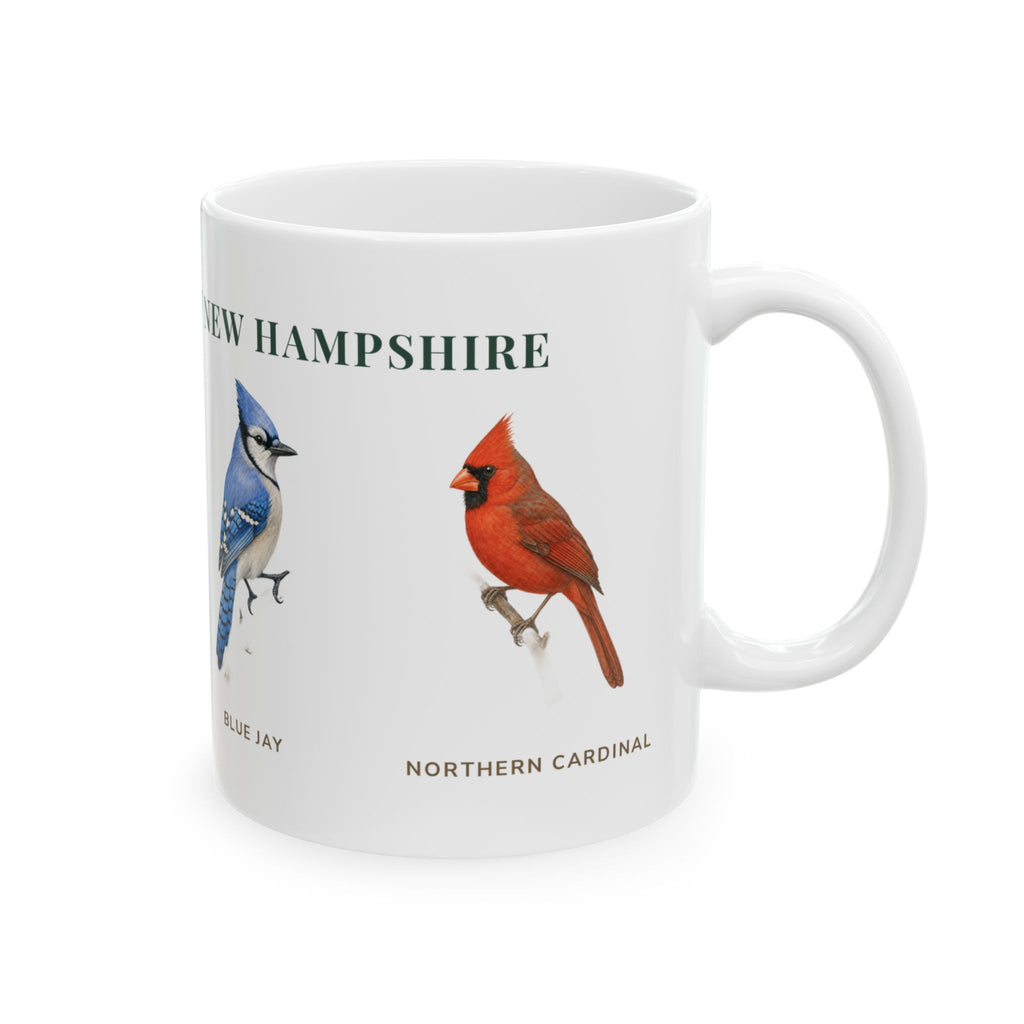 Backyard Birds of New Hampshire mug, right side with labeled bird illustrations