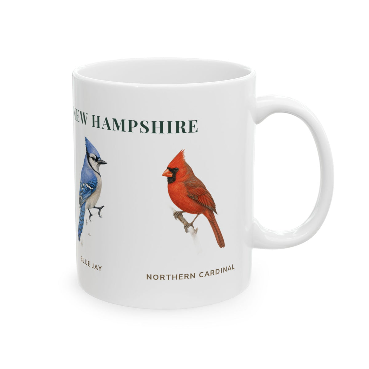 Backyard Birds of New Hampshire mug, right side with labeled bird illustrations