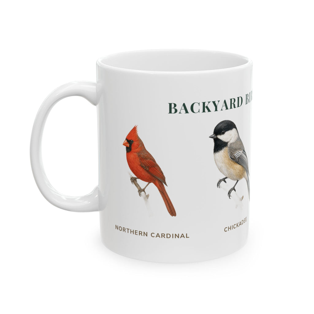 Backyard Birds of Oklahoma mug, left side with labeled bird illustrations