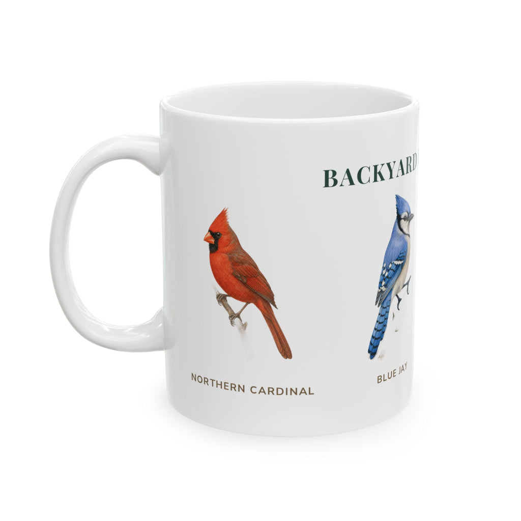 Backyard Birds of Ohio mug, alternate view — labeled Northern Cardinal, Blue Jay and American Goldfinch illustrations