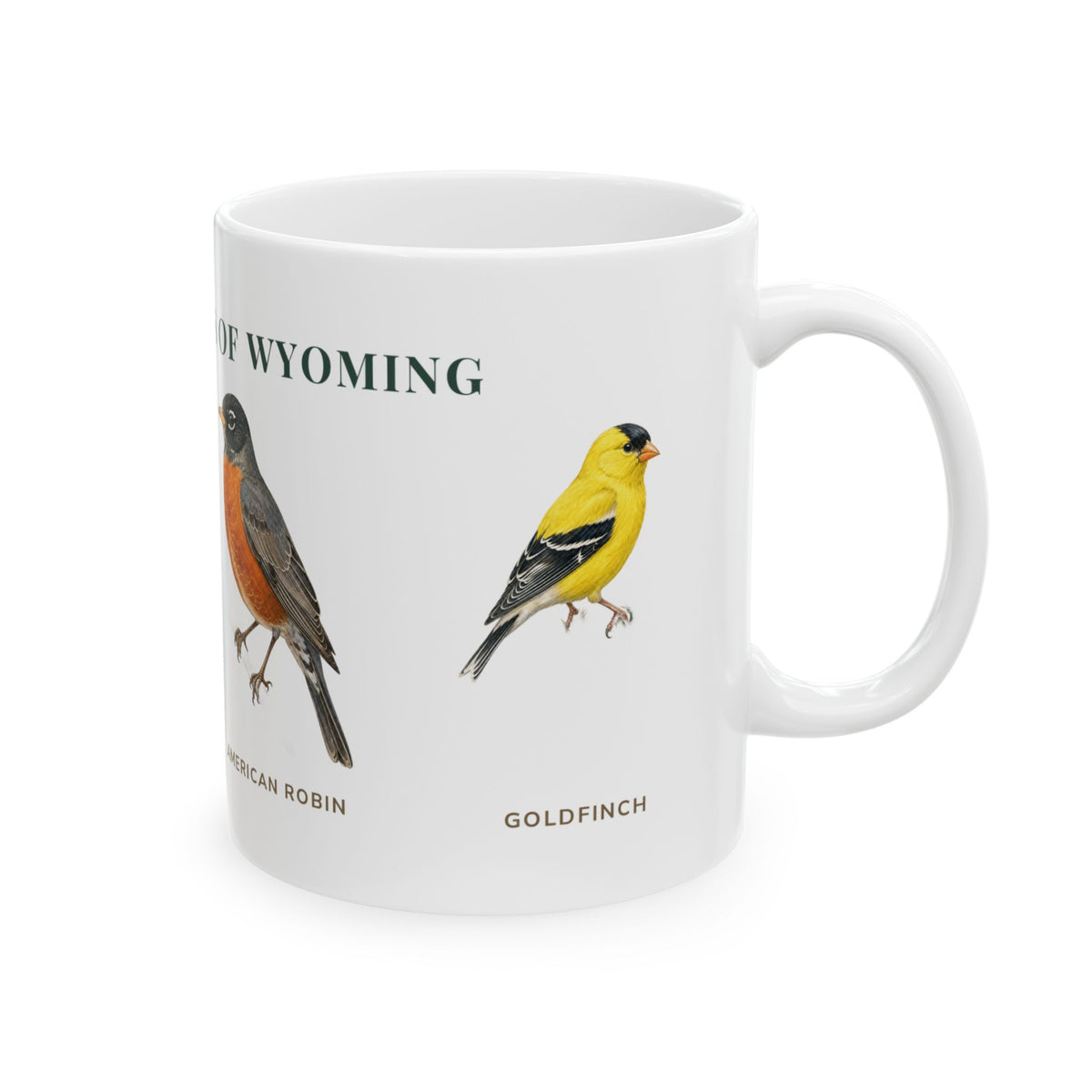 Backyard Birds of Wyoming mug, right side with labeled bird illustrations