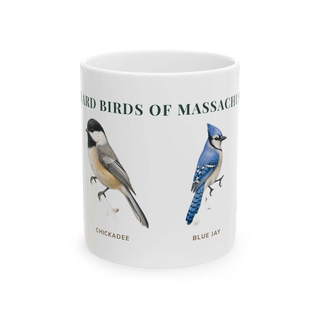 Backyard Birds of Massachusetts ceramic mug with labeled Chickadee and Blue Jay illustrations