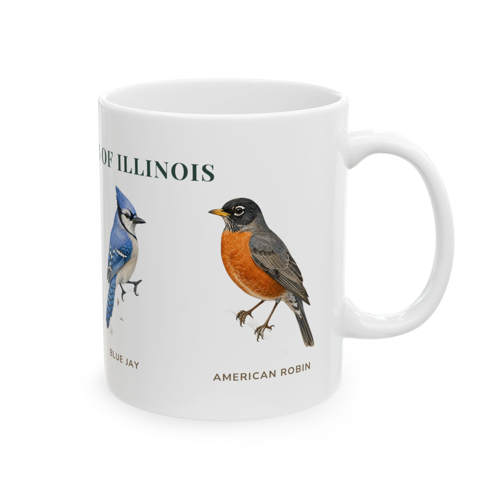 Backyard Birds of Illinois mug, alternate view — labeled Goldfinch, Blue Jay and Cardinal illustrations