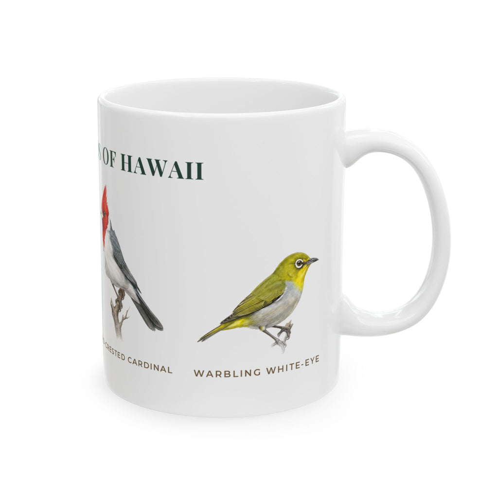 Backyard Birds of Hawaii Mug — Labeled Zebra Dove, Common Myna, Red-crested Cardinal & Warbling White-eye (11oz)