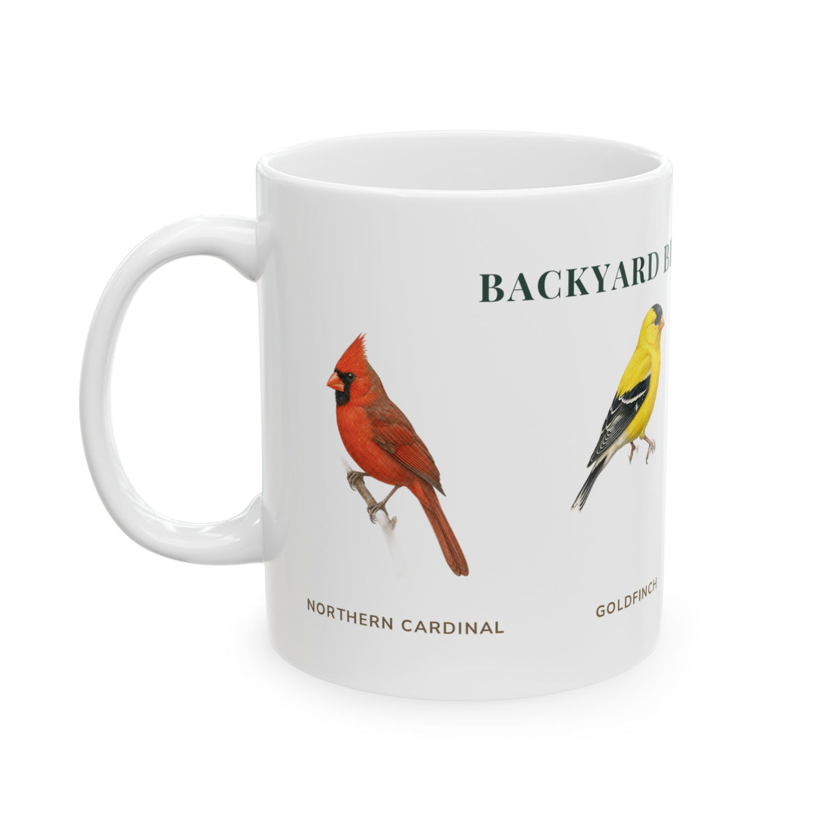Backyard Birds of Illinois mug, alternate view — labeled Goldfinch, Blue Jay and Cardinal illustrations