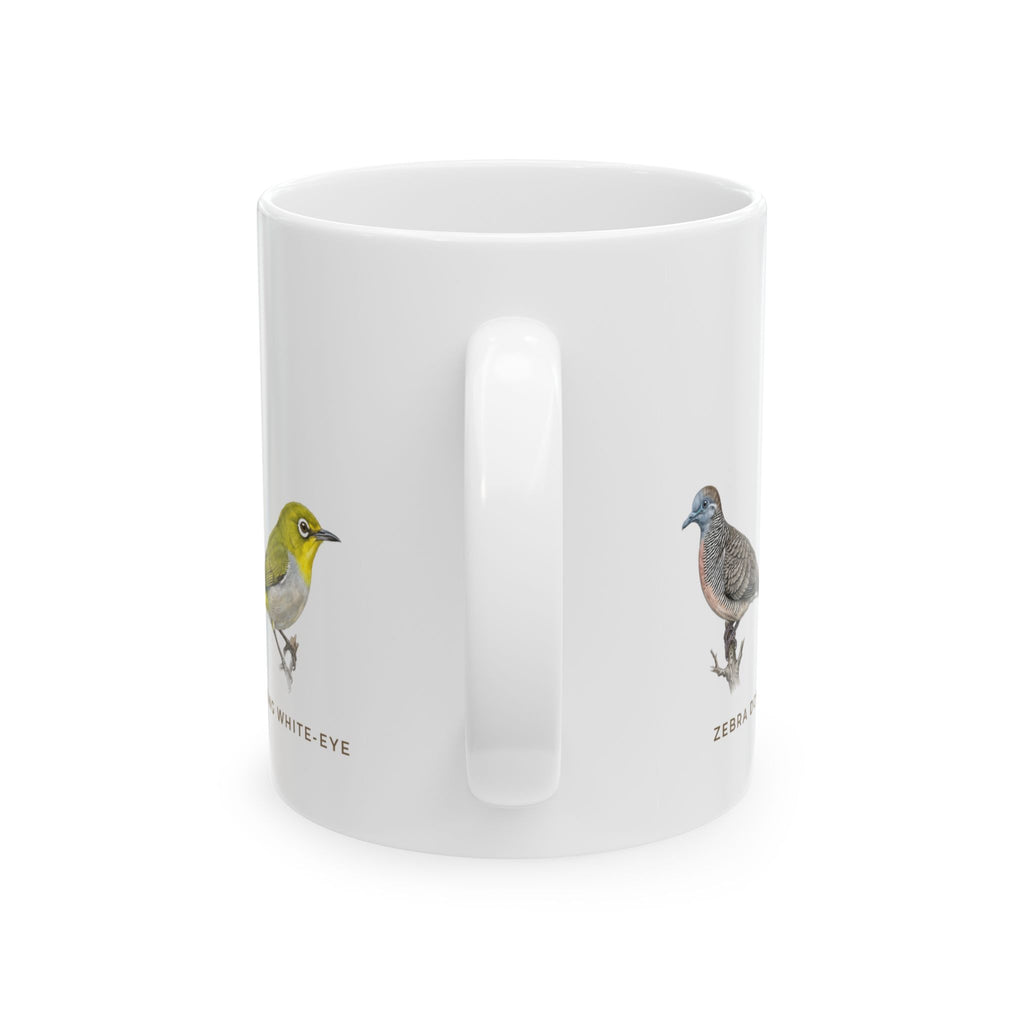 Backyard Birds of Hawaii Mug — Labeled Zebra Dove, Common Myna, Red-crested Cardinal & Warbling White-eye (11oz)