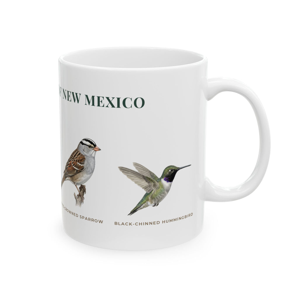 Backyard Birds of New Mexico Mug — Labeled Spotted Towhee, White-winged Dove, White-crowned Sparrow & Black-chinned Hummingbird (11oz)