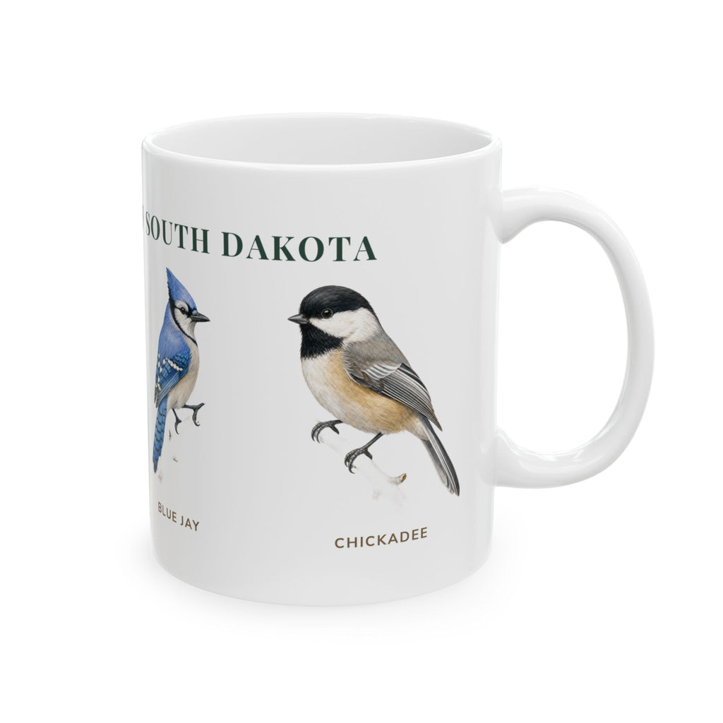 Backyard Birds of South Dakota mug, right side with labeled bird illustrations