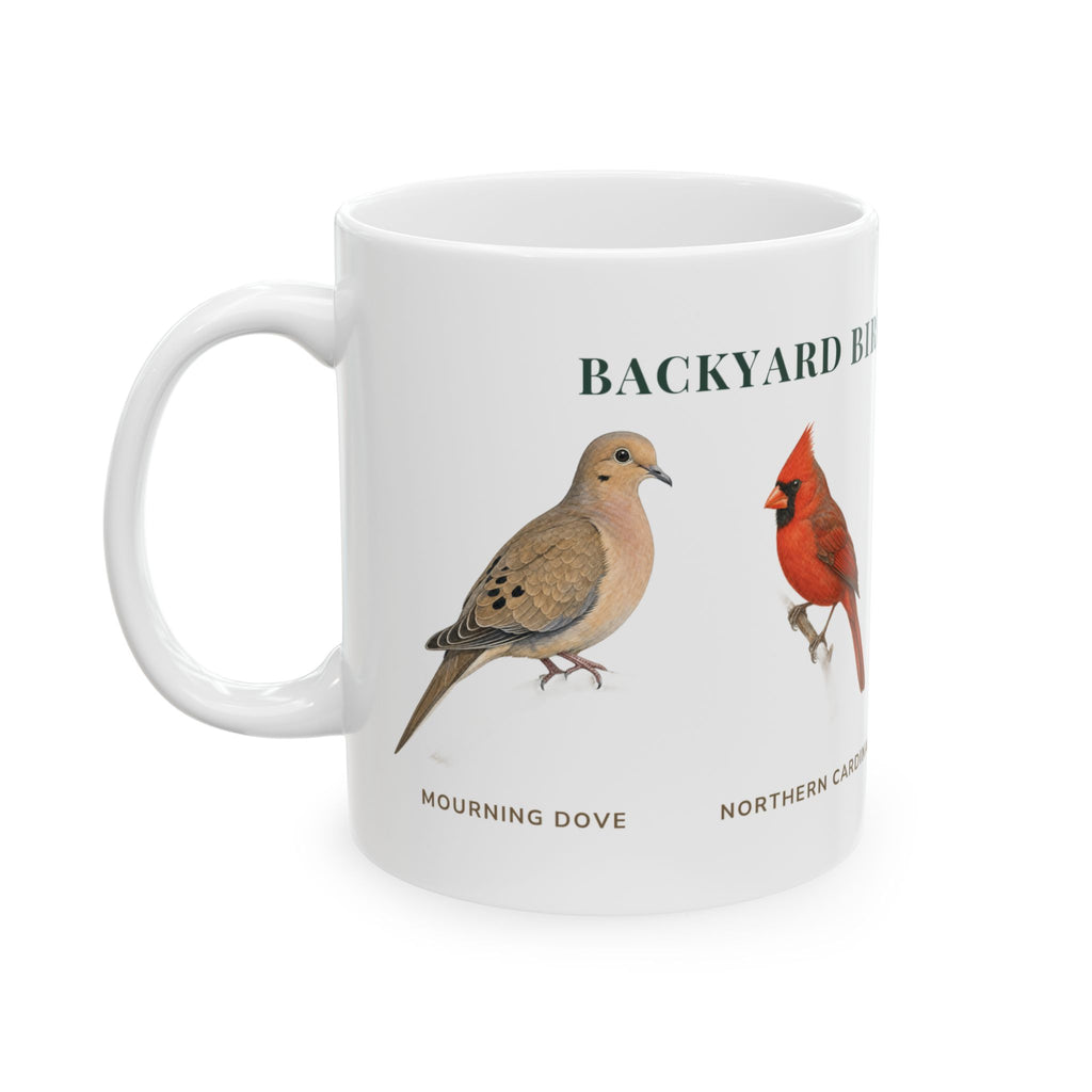Backyard Birds of New Jersey mug, left side with labeled bird illustrations