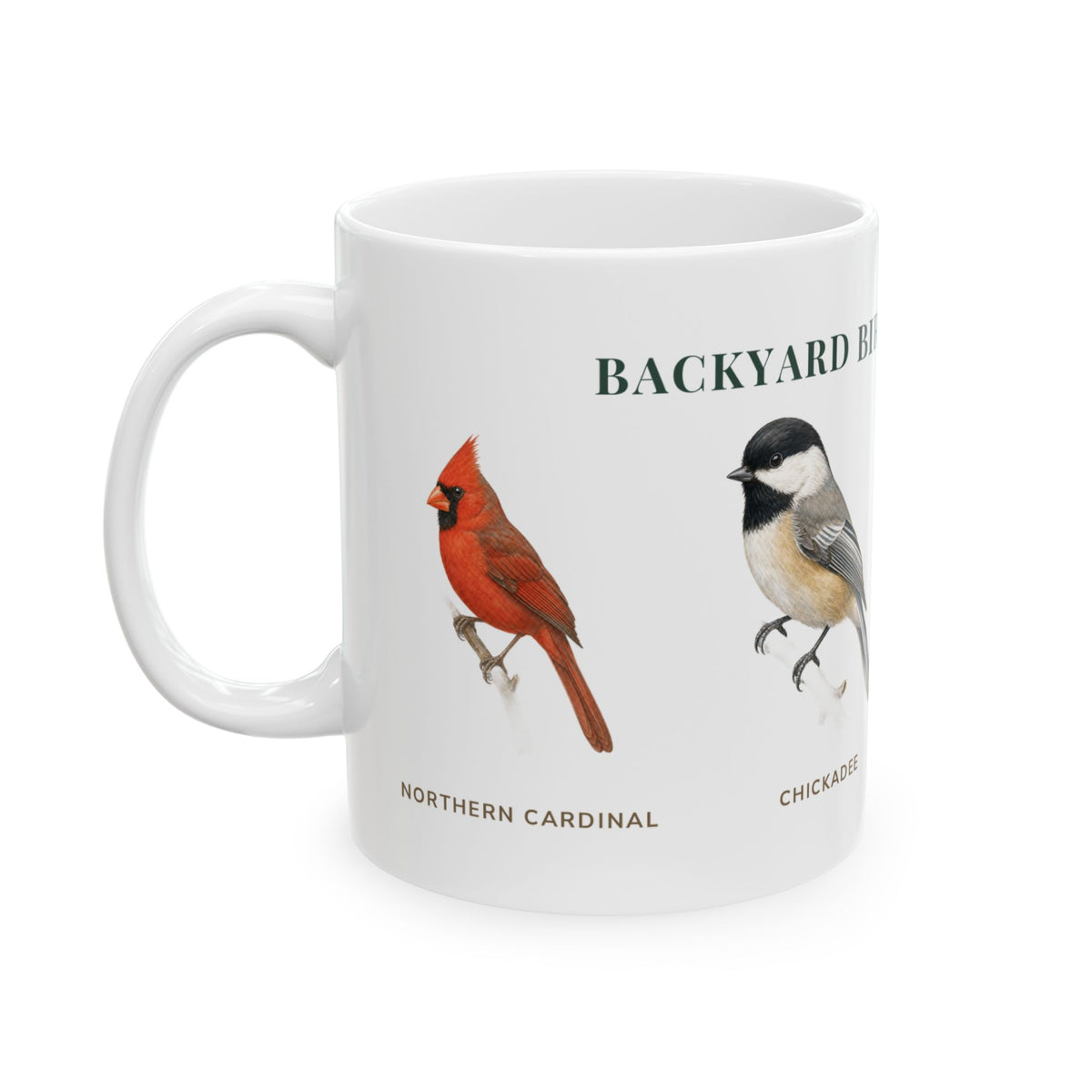 Backyard Birds of Louisiana mug, left side with labeled bird illustrations