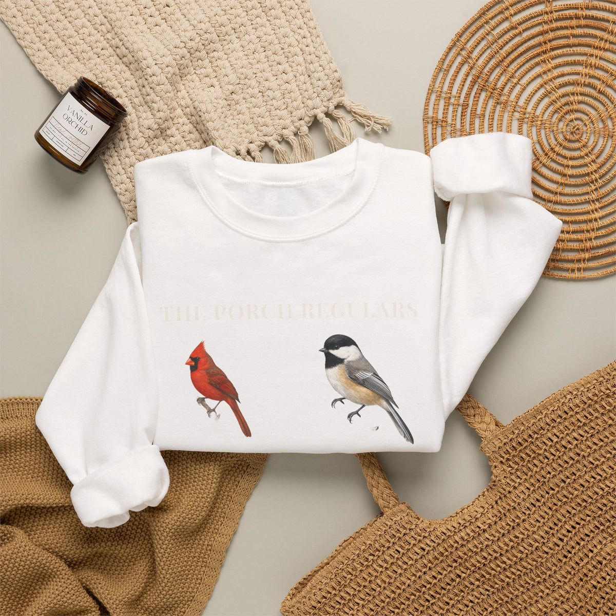 Songbird Crewneck Sweatshirt — Cardinal, Chickadee, Goldfinch & Bluebird Illustration