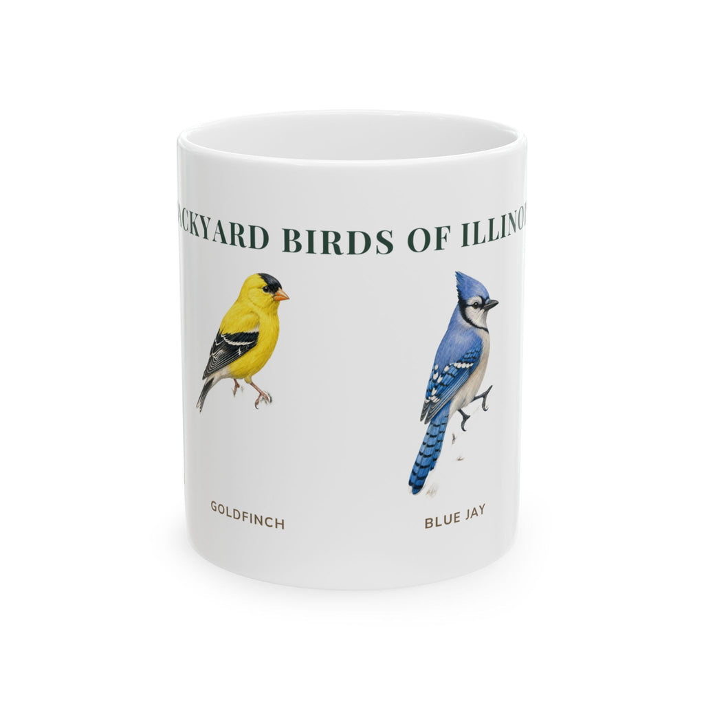 Backyard Birds of Illinois ceramic mug with labeled illustrations of American Goldfinch, Blue Jay and Northern Cardinal