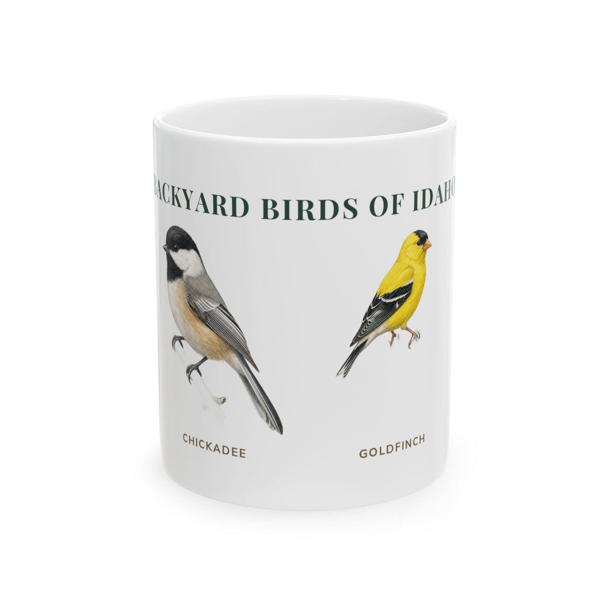 Backyard Birds of Idaho ceramic mug with labeled Chickadee and American Goldfinch illustrations