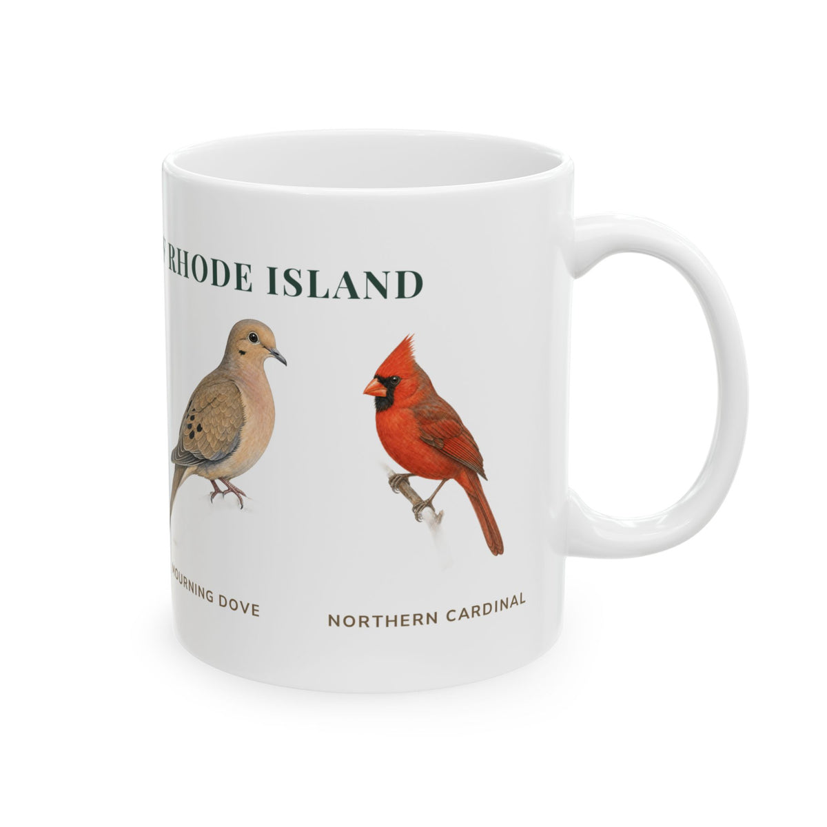 Backyard Birds of Rhode Island mug, right side with labeled bird illustrations