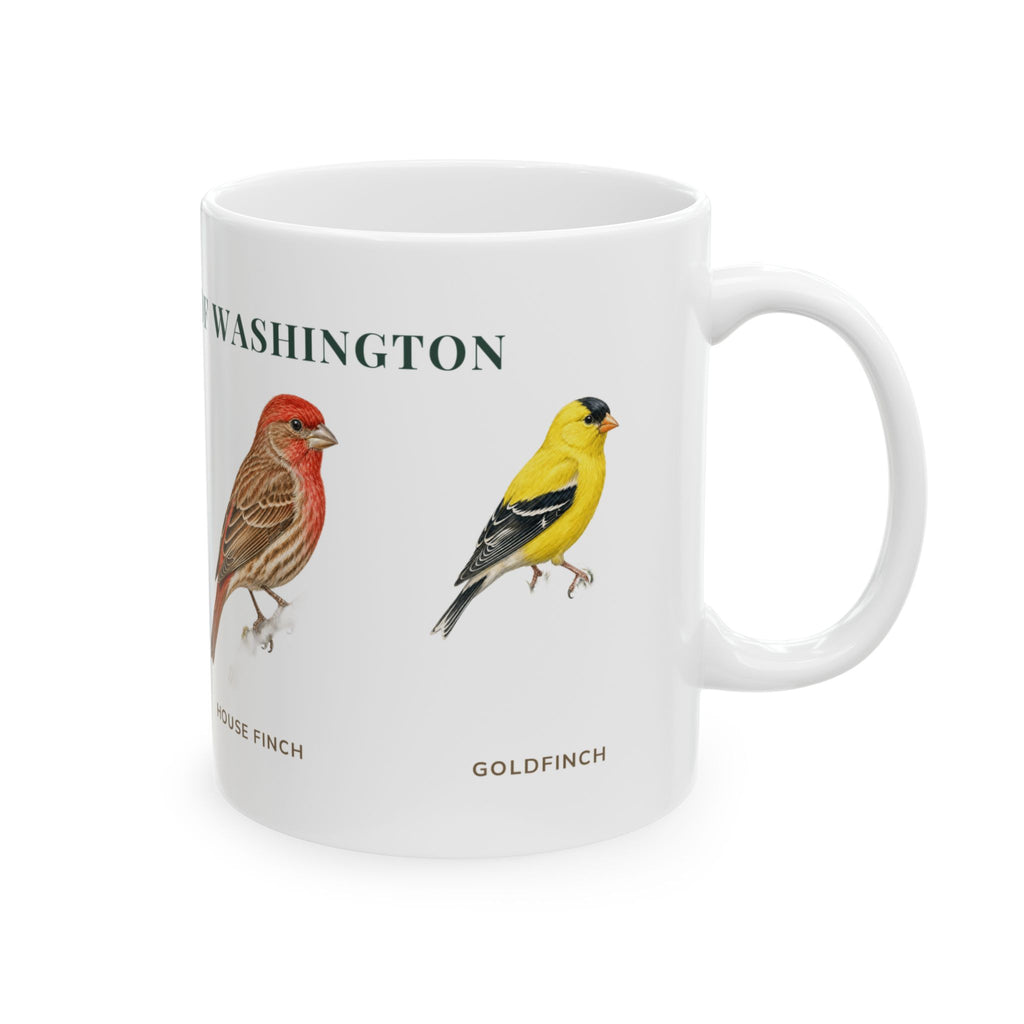 Backyard Birds of Washington mug, alternate view — labeled Chickadee, Robin, House Finch and Goldfinch illustrations