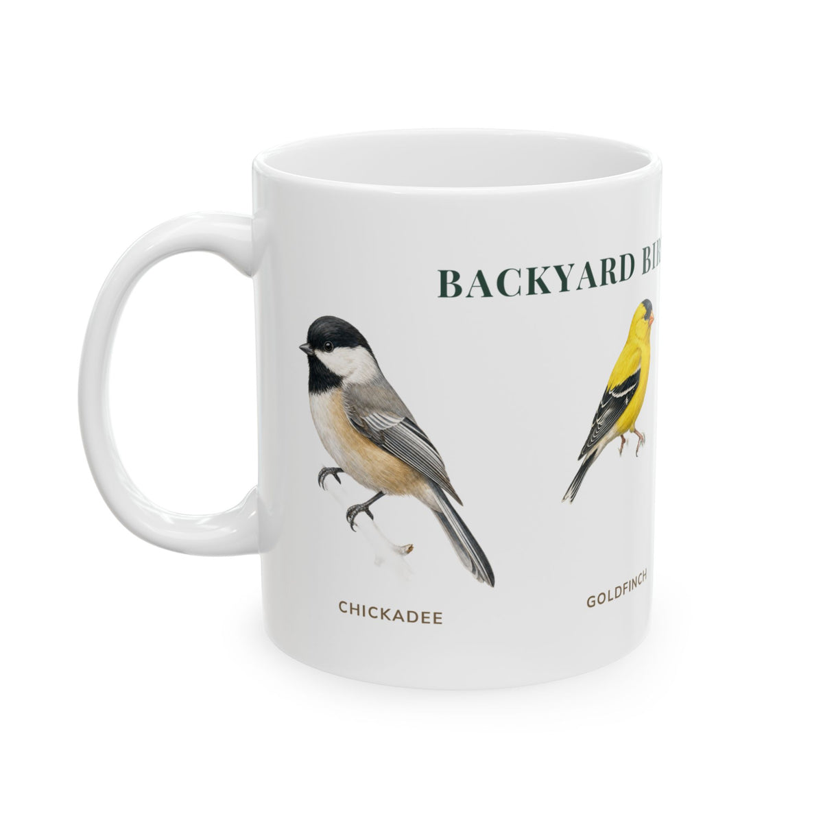 Backyard Birds of Minnesota Ceramic Mug – Goldfinch, Cardinal, Blue Jay & Chickadee Coffee Cup (11oz/15oz)