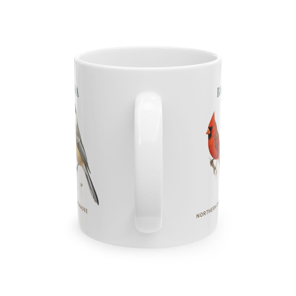 Backyard Birds of North Carolina mug, alternate view — labeled Carolina Wren and Eastern Bluebird illustrations