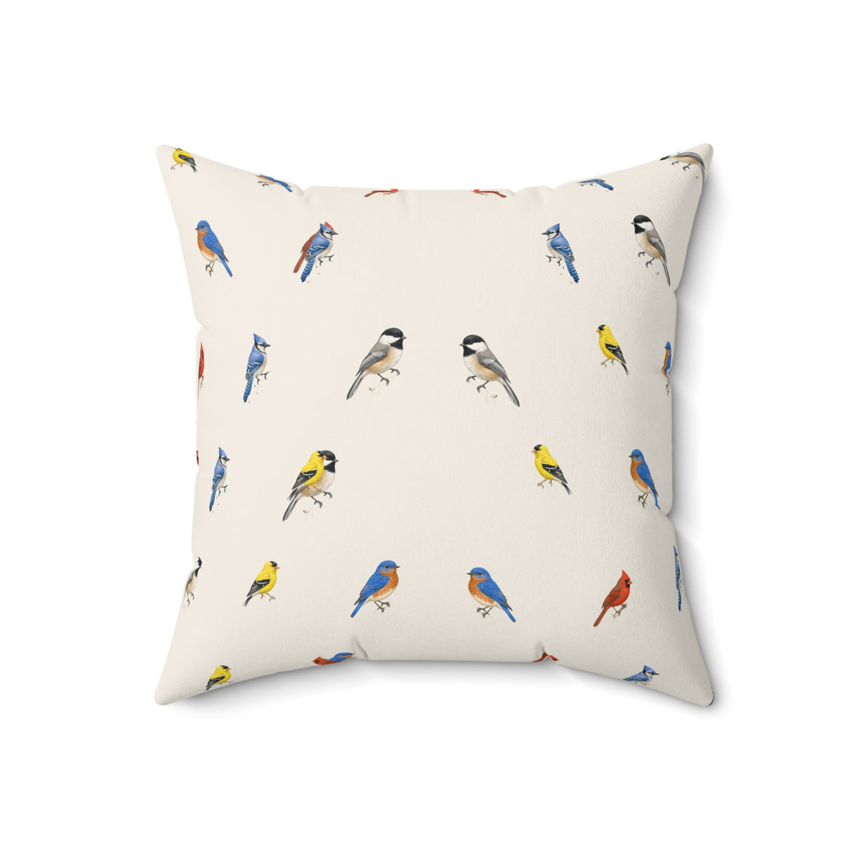 Backyard Songbird throw pillow with an all-over pattern of cardinals, blue jays, chickadees, goldfinches and bluebirds