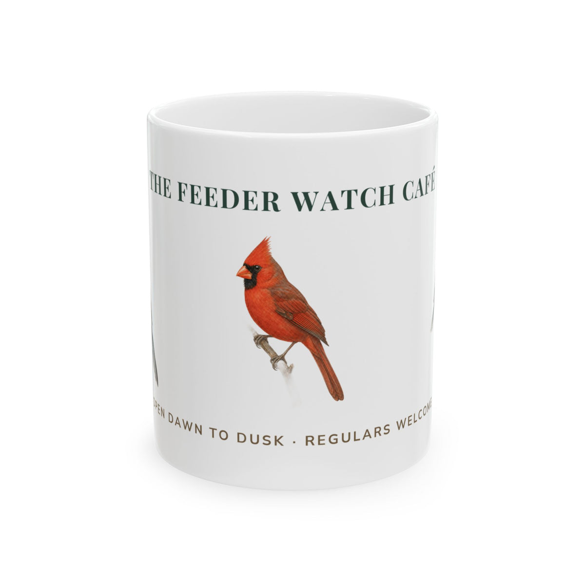 The Feeder Watch Cafe ceramic mug with illustrated Northern Cardinal and backyard songbirds