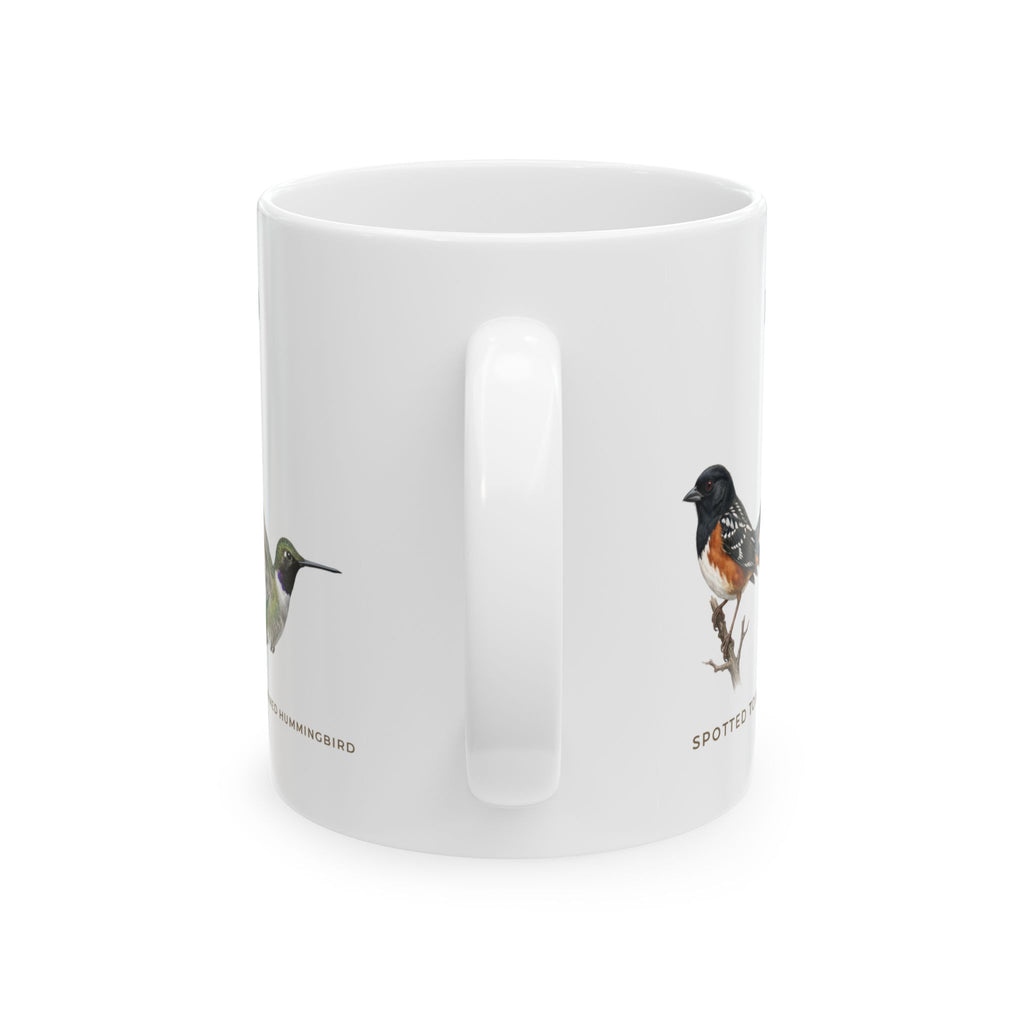 Backyard Birds of New Mexico Mug — Labeled Spotted Towhee, White-winged Dove, White-crowned Sparrow & Black-chinned Hummingbird (11oz)