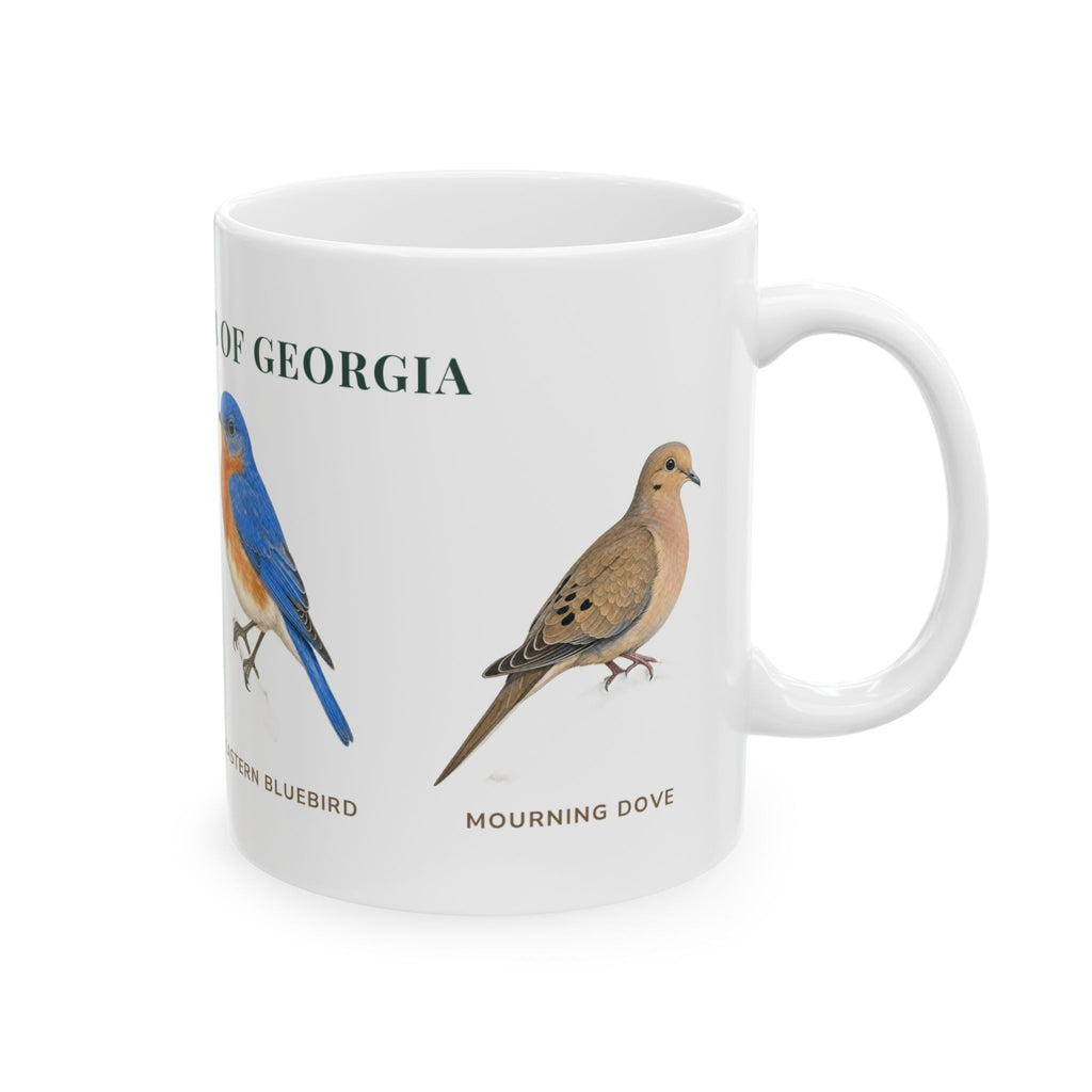 Backyard Birds of Georgia mug, alternate view — labeled Carolina Wren and Eastern Bluebird illustrations