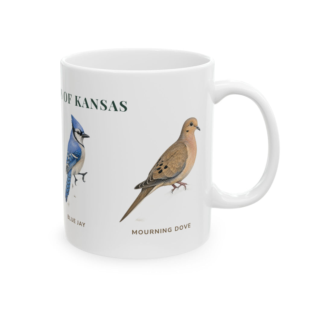Backyard Birds of Kansas mug, right side with labeled bird illustrations