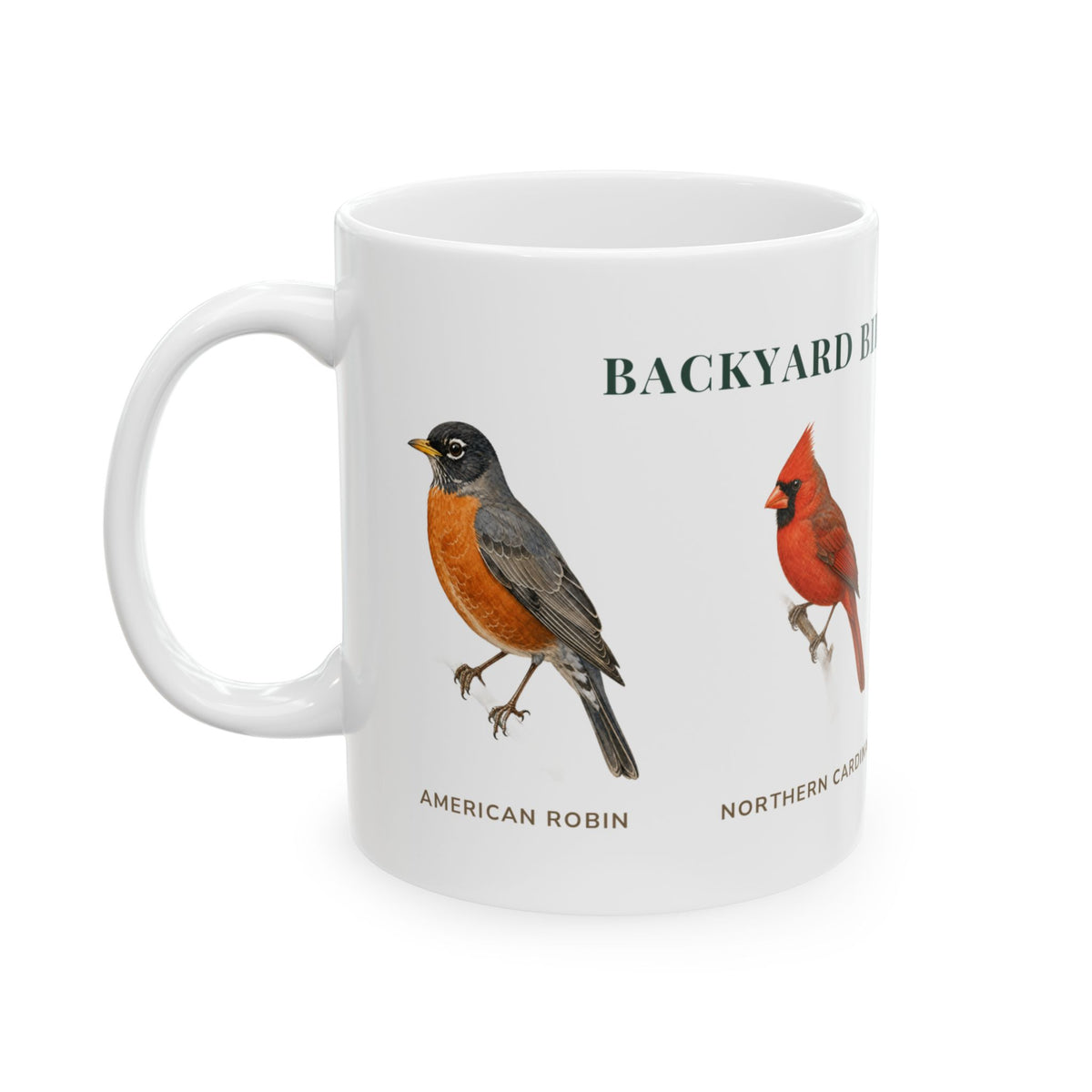 Backyard Birds of Michigan mug, alternate view — labeled Cardinal, Chickadee, Goldfinch and Robin illustrations