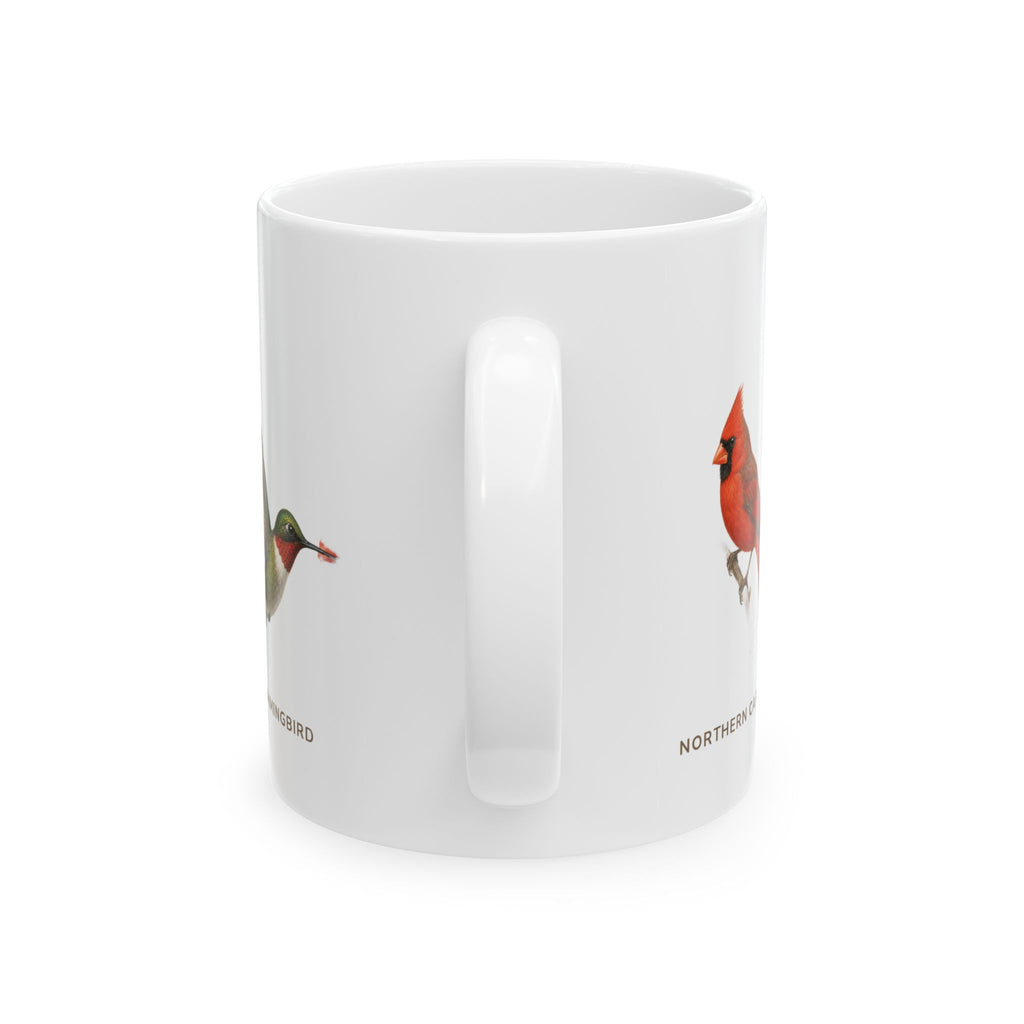 Backyard Birds of Florida mug, alternate view — labeled Blue Jay, Mourning Dove and Northern Cardinal illustrations