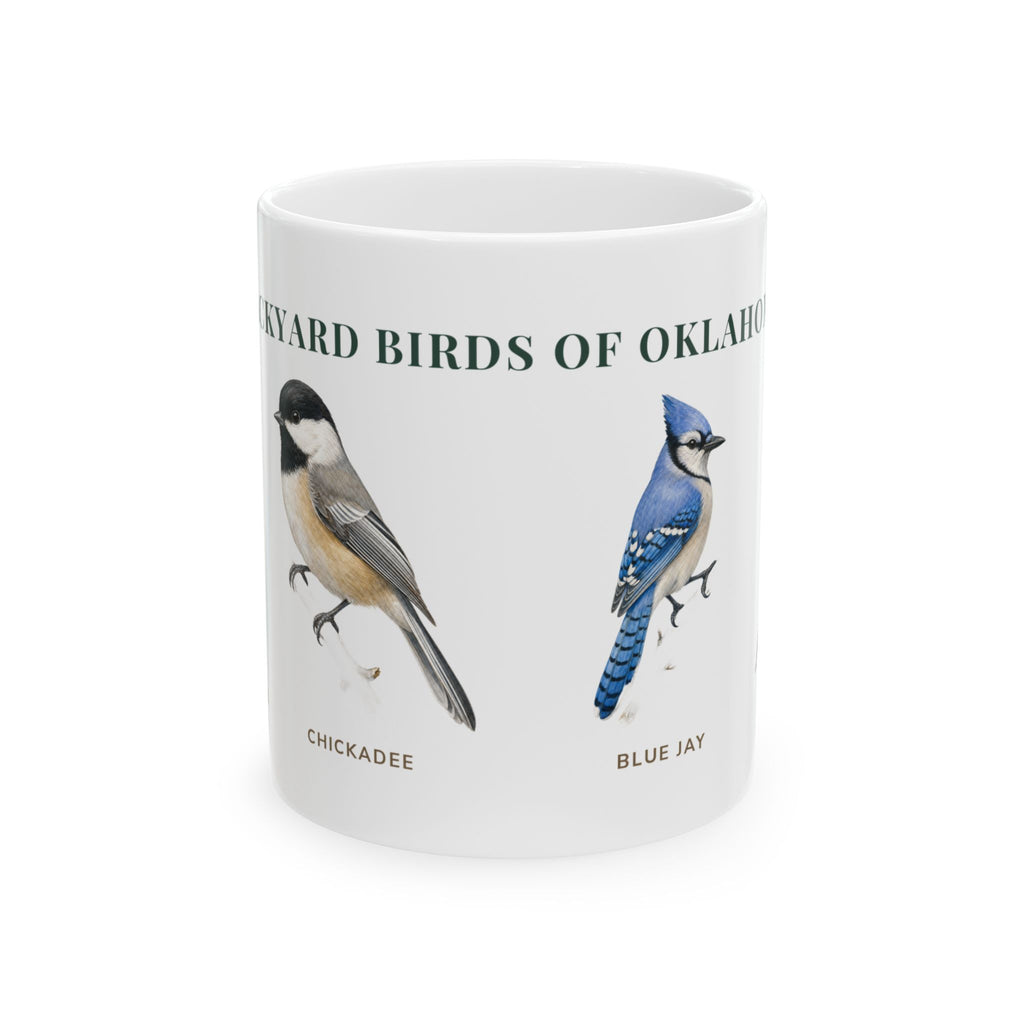 Backyard Birds of Oklahoma ceramic mug with labeled Chickadee and Blue Jay illustrations