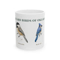 Backyard Birds of Oklahoma ceramic mug with labeled Chickadee and Blue Jay illustrations