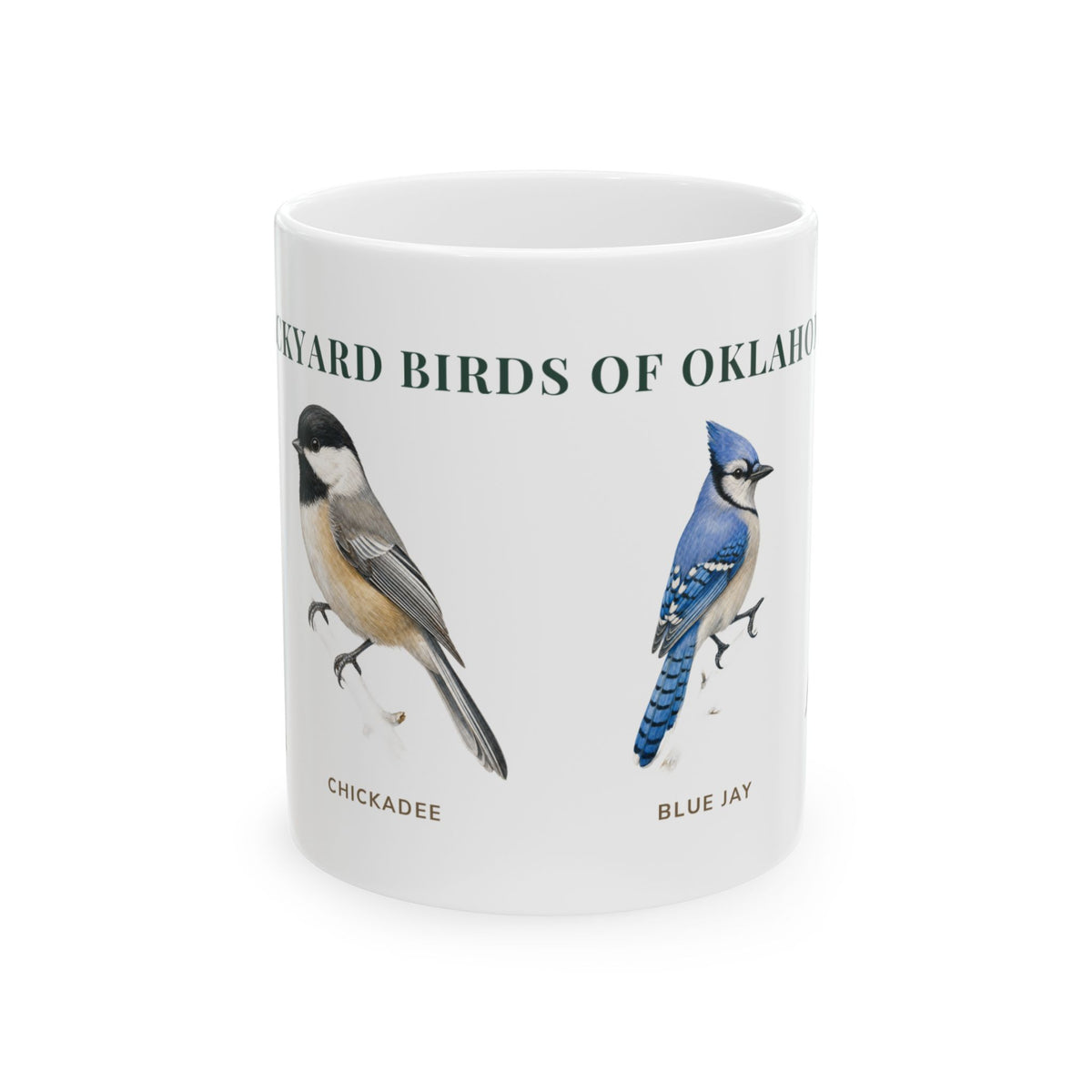Backyard Birds of Oklahoma ceramic mug with labeled Chickadee and Blue Jay illustrations
