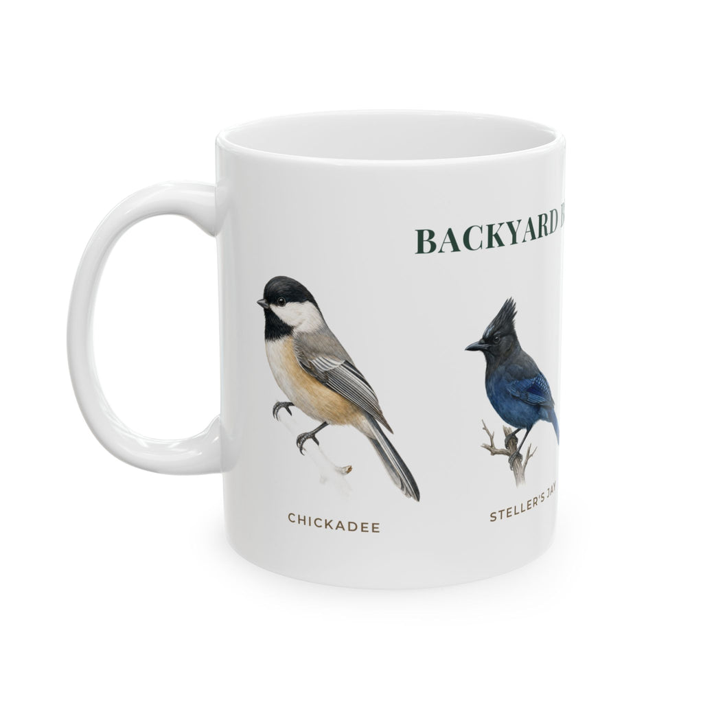 Backyard Birds of Alaska Mug — Labeled Chickadee, Steller's Jay, Common Redpoll & Red-breasted Nuthatch (11oz)
