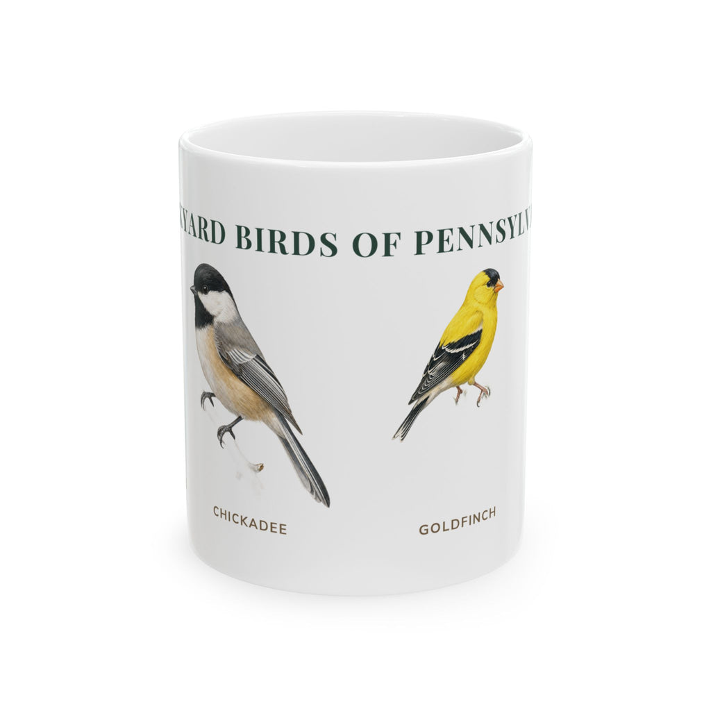 Backyard Birds of Pennsylvania ceramic mug with labeled illustrations of American Goldfinch, Northern Cardinal and Black-capped Chickadee