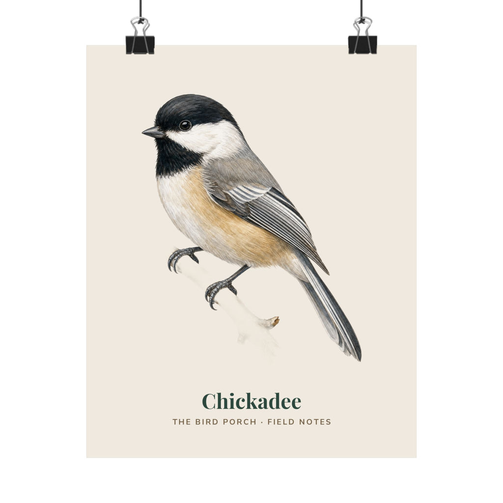 Black-capped Chickadee matte art print in vintage field notes style